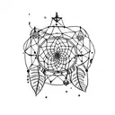 A dreamcatcher surrounded by a forest scene with animals and stars tattoo design idea