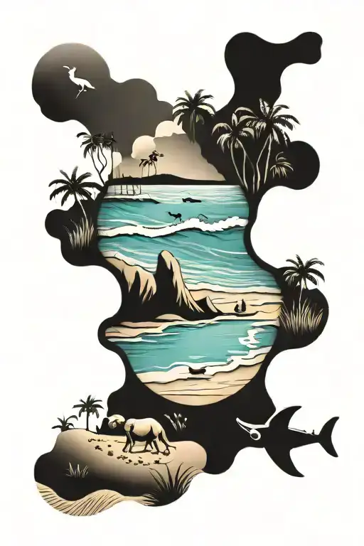 A minimalist design of a beach scene with various animals hidden in the sand tattoo design idea