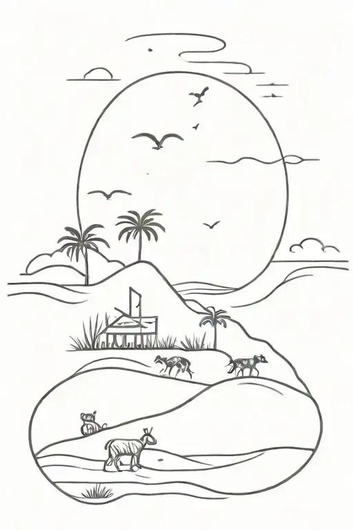 A minimalist design of a beach scene with various animals hidden in the sand tattoo design idea