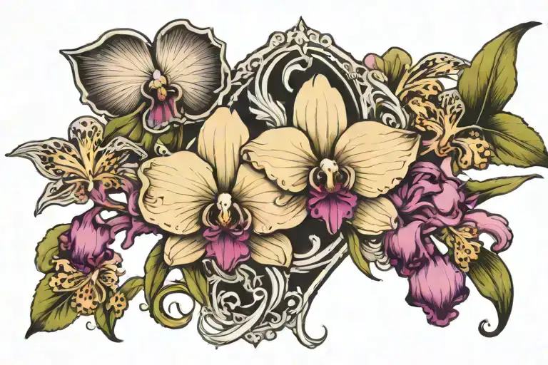 v shaped mushrooms and orchids tattoo design idea
