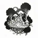 A mystical forest scene with trolls and fairy creatures intertwined among the trees tattoo design idea
