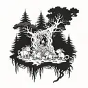 A mystical forest scene with trolls and fairy creatures intertwined among the trees tattoo design idea