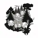 A mystical forest scene with trolls and fairy creatures intertwined among the trees tattoo design idea