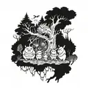 A mystical forest scene with trolls and fairy creatures intertwined among the trees tattoo design idea