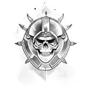 A skull wearing a Spartan helmet holding a gun tattoo design idea