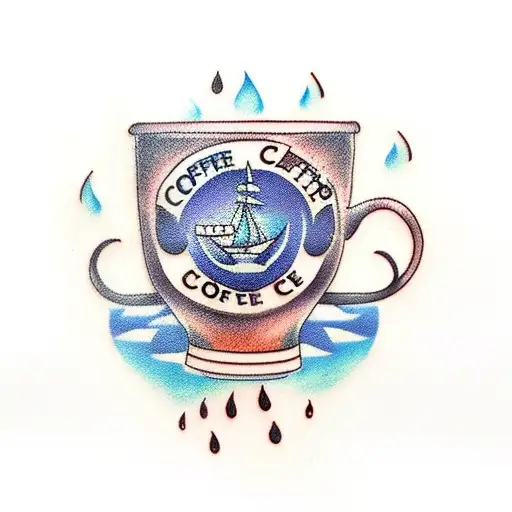 coffee cup with a ship in it and a rain cloud tattoo design idea