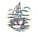 coffee cup with a ship in it and a rain cloud tattoo design idea