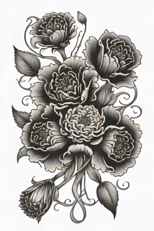 bouquet of flowers intertwined made of Carnations, Orange Blossoms, snowdrops, and Violets tattoo design idea