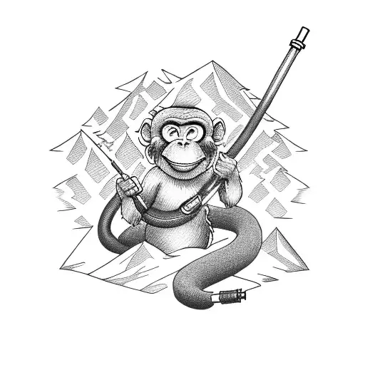 A monkey holding a fire hose and extinguishing flames on a mountain tattoo design idea