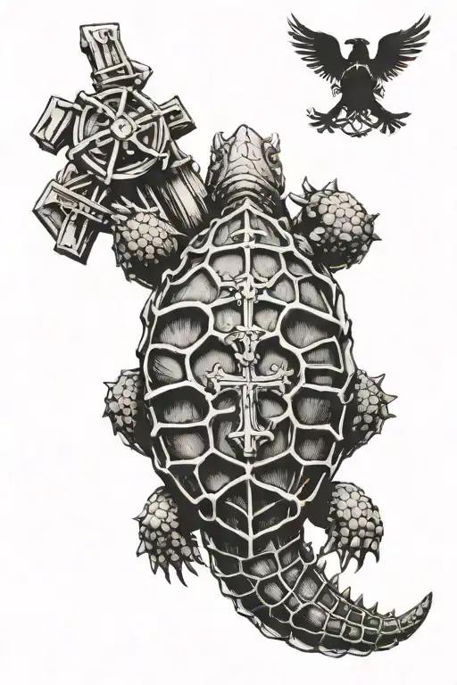 alligator snapping turtle with a cross on its back and the shell made if barbed wire tattoo design idea