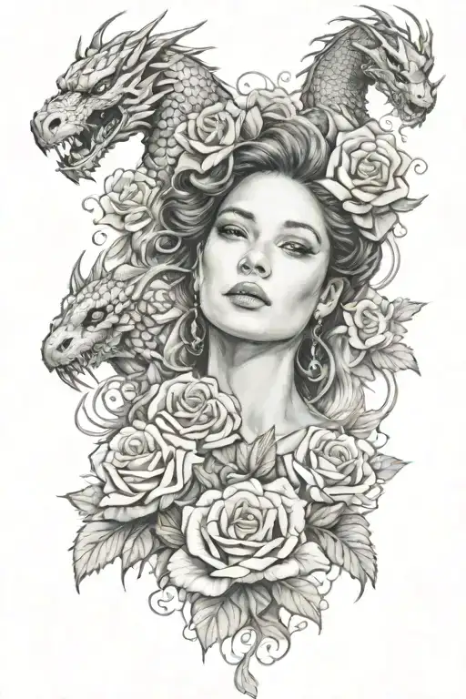 A realistic portrait of a woman surrounded by roses and dragon tattoo design idea