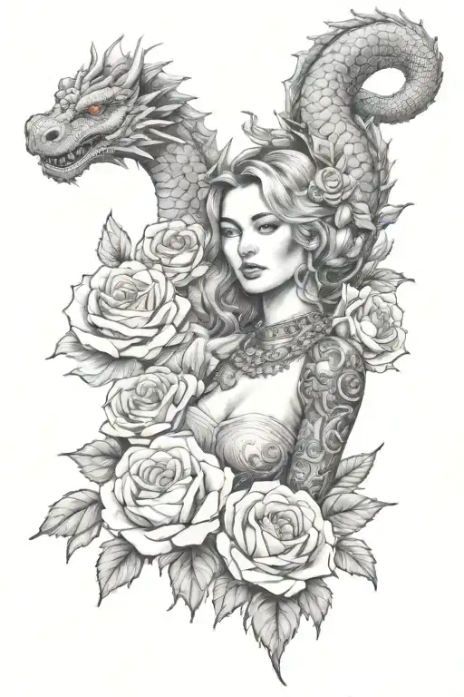 A realistic portrait of a woman surrounded by roses and dragon tattoo design idea