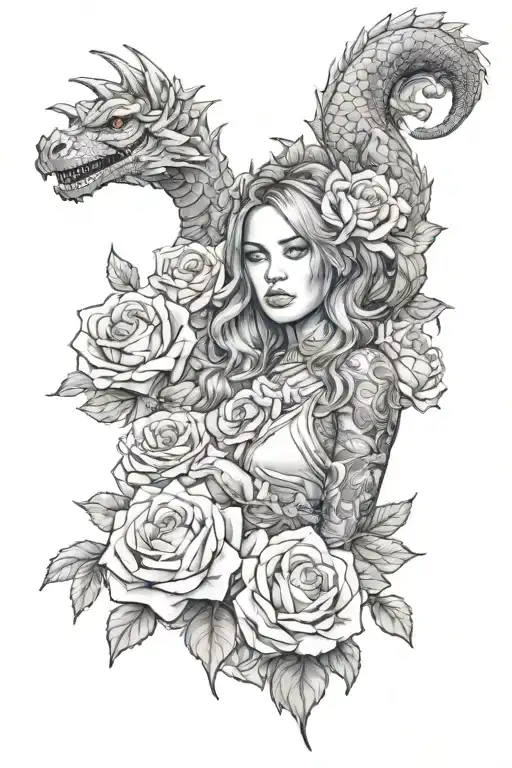 A realistic portrait of a woman surrounded by roses and dragon tattoo design idea