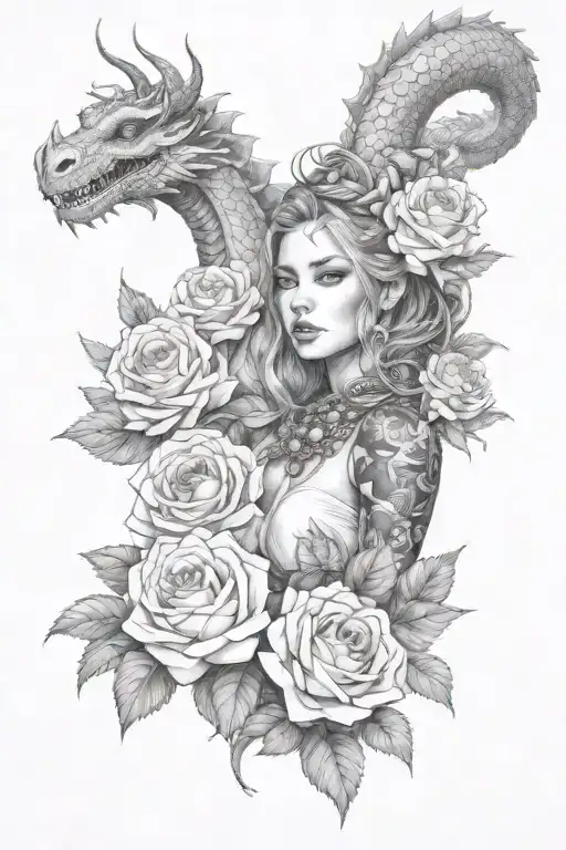 A realistic portrait of a woman surrounded by roses and dragon tattoo design idea