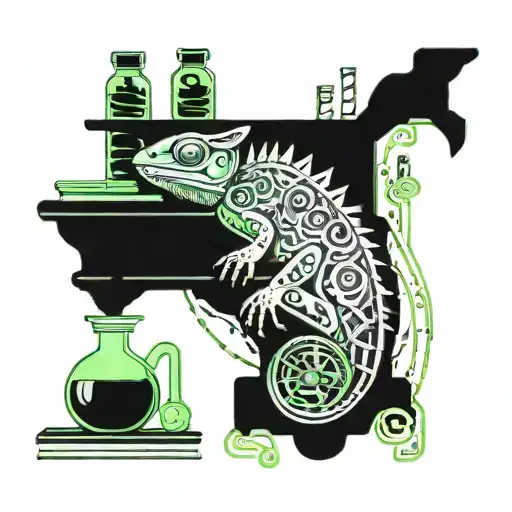 chameleon with potion bottles and books  tattoo design idea