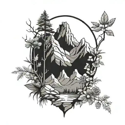 A mountain range landscape with layers of rock formations and plant life, symbolizing the connection between geology and nature tattoo design idea