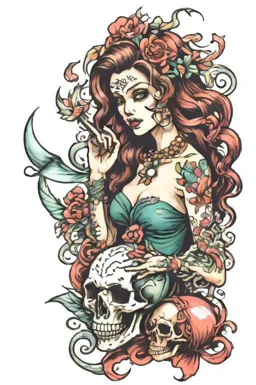 mermaid holding skull tattoo design idea