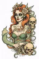 mermaid holding skull tattoo design idea