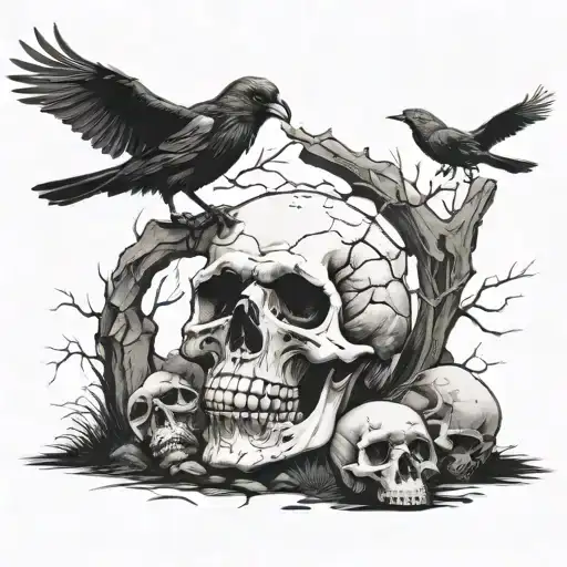 skulls, crows, graveyard headstones at night tattoo design idea