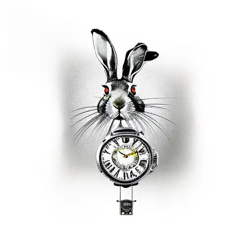 The hare from Alice in the Hatter's hat next to the watch of Salvador Dali tattoo design idea