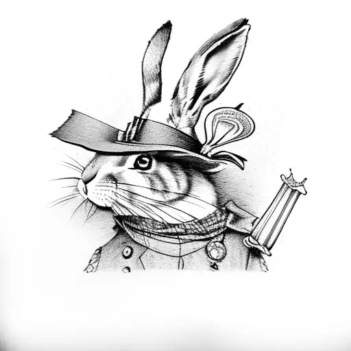 The hare is sitting inside the hatter's hat from Alice through the Looking Glass, he has a pocket watch in his paw, blur tattoo design idea