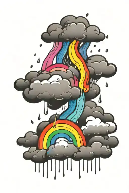 charcoal raincloud with raindrops and lightning bolt and the raindrops become circular rainbows tattoo design idea