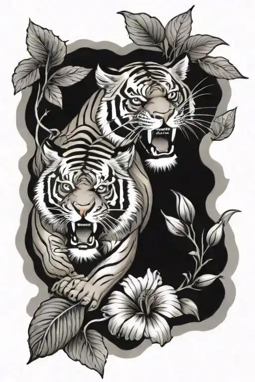 chinese  tiger with hibiscus flower blooming tattoo design idea
