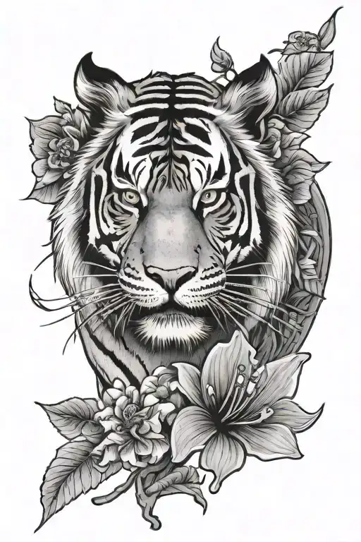 chinese  tiger with hibiscus flower blooming tattoo design idea