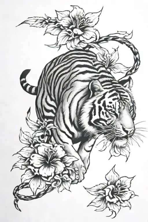 walking tiger with hibiscus flower blooming tattoo design idea