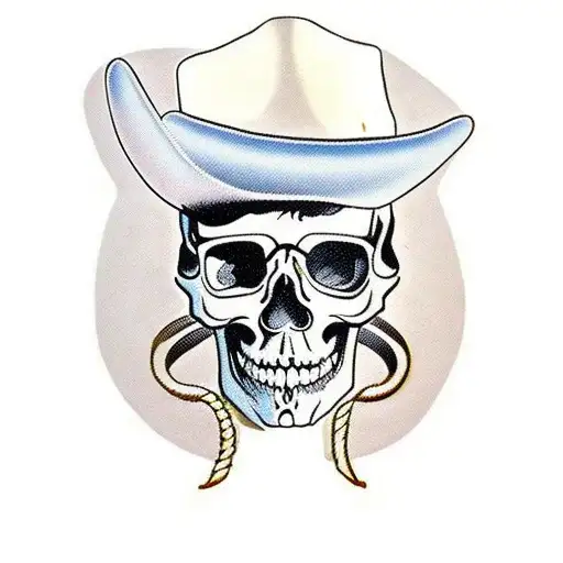 forward facing cowboy skull with a old-westerhat and a long wrap around bandanna that covers up to the nose of the skull tattoo design idea