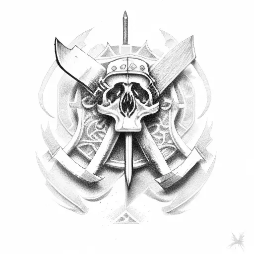 crusader with an axe attacking skulls tattoo design idea
