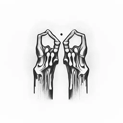 two hands barely touching each other, one hand in bones and the other like a normal one with skin. Down the letters DLMD tattoo design idea