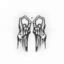 two hands barely touching each other, one hand in bones and the other like a normal one with skin. Down the letters DLMD tattoo design idea