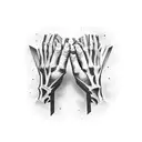 two hands barely touching each other, one hand in bones and the other like a normal one with skin. Down the letters DLMD tattoo design idea