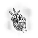 two hands barely touching each other, one hand in bones and the other like a normal one with skin. Down the letters DLMD tattoo design idea