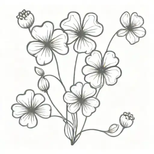 eight, four leaf clovers black and white,  with one clover blue, bouquette with long stem tattoo design idea