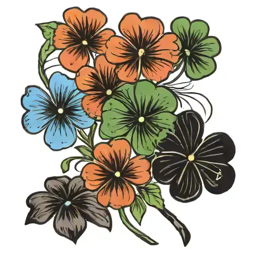 eight, four leaf clovers black and white,  with one clover blue, bouquette with long stem tattoo design idea