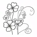 eight, four leaf clovers black and white,  with one clover blue, bouquette with long stem tattoo design idea