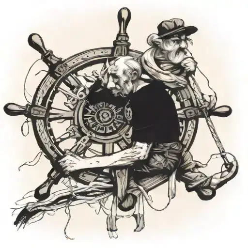 old man turning a sailing ships wheel I a. storm.  tattoo design idea