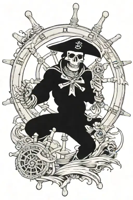 skeleton sailor turning a ships wheel in a storm tattoo design idea