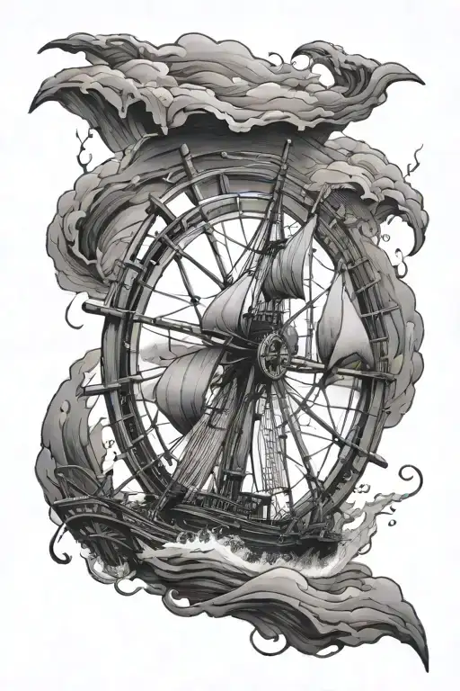 old whaler turning ships wheel in a storm  tattoo design idea
