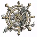 old man turning a sailing ships wheel I a. storm.  tattoo design idea