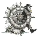 old man turning a sailing ships wheel I a. storm.  tattoo design idea