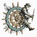 old man turning a sailing ships wheel I a. storm.  tattoo design idea