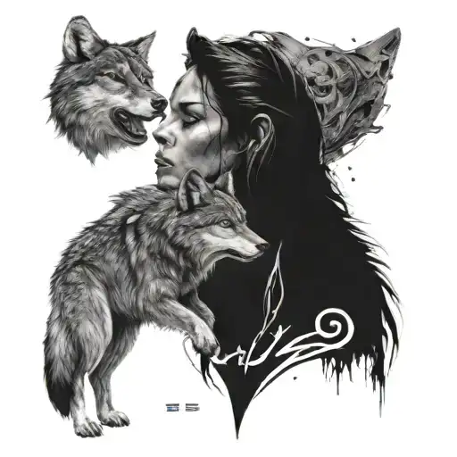 I would like a wolf woman protecting her cub from protective rune symbols, connection to the universe and the invisible  tattoo design idea