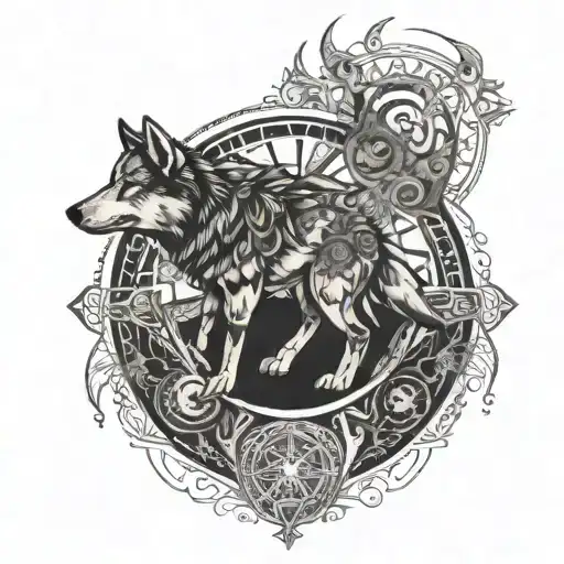 A mystical scene of a wolf and a spiritual symbol, like a mandala or an eye, intertwined with cosmic patterns, representing the balance between the physical and spiritual realms tattoo design idea