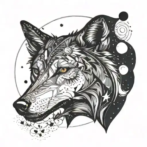 An elegant wolf silhouette filled with cosmic elements, like planets and constellations, embodying the harmony between nature and spirituality tattoo design idea