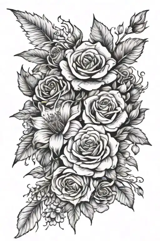 roses and lilys and daisies boquet held together tattoo design idea