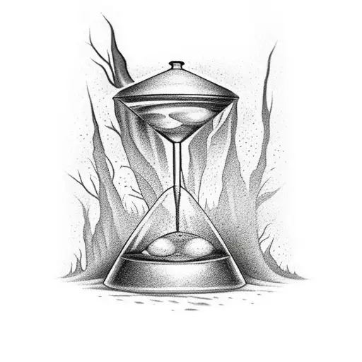 A traditional tattoo of a broken hourglass with sand flowing into a field of tall dark trees tattoo design idea