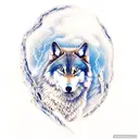 A resilient wolf with a blue eye and wounds on its side, standing on a rock in a stormy background with lightning. In the distance, a broken sand timer with sand flowing away. Tall dark trees fill the background. tattoo design idea